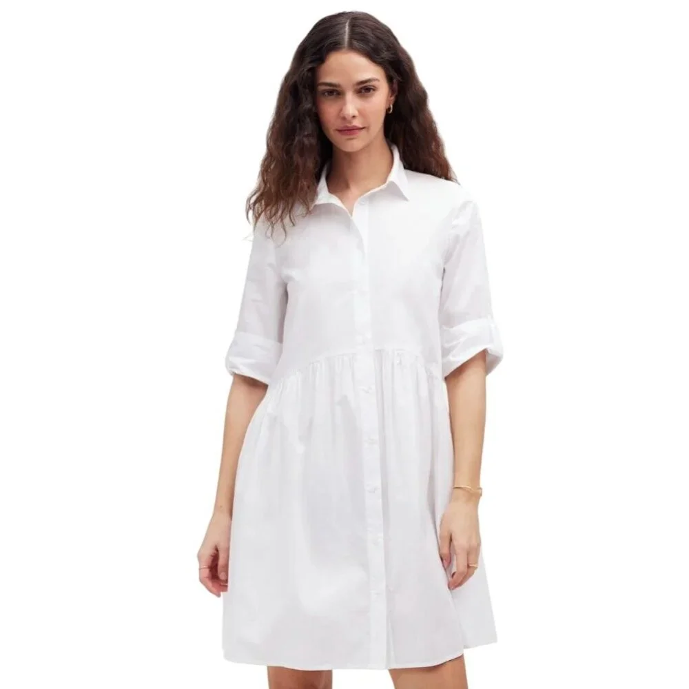 Madewell Button Front Mini Shirtdress in Poplin White NS126 Large - Picture 4 of 7